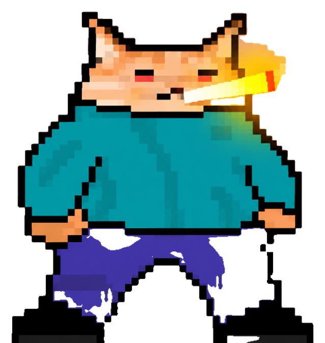 Smog Cat, a stout cat in a teal jumper with a glowing cigarette