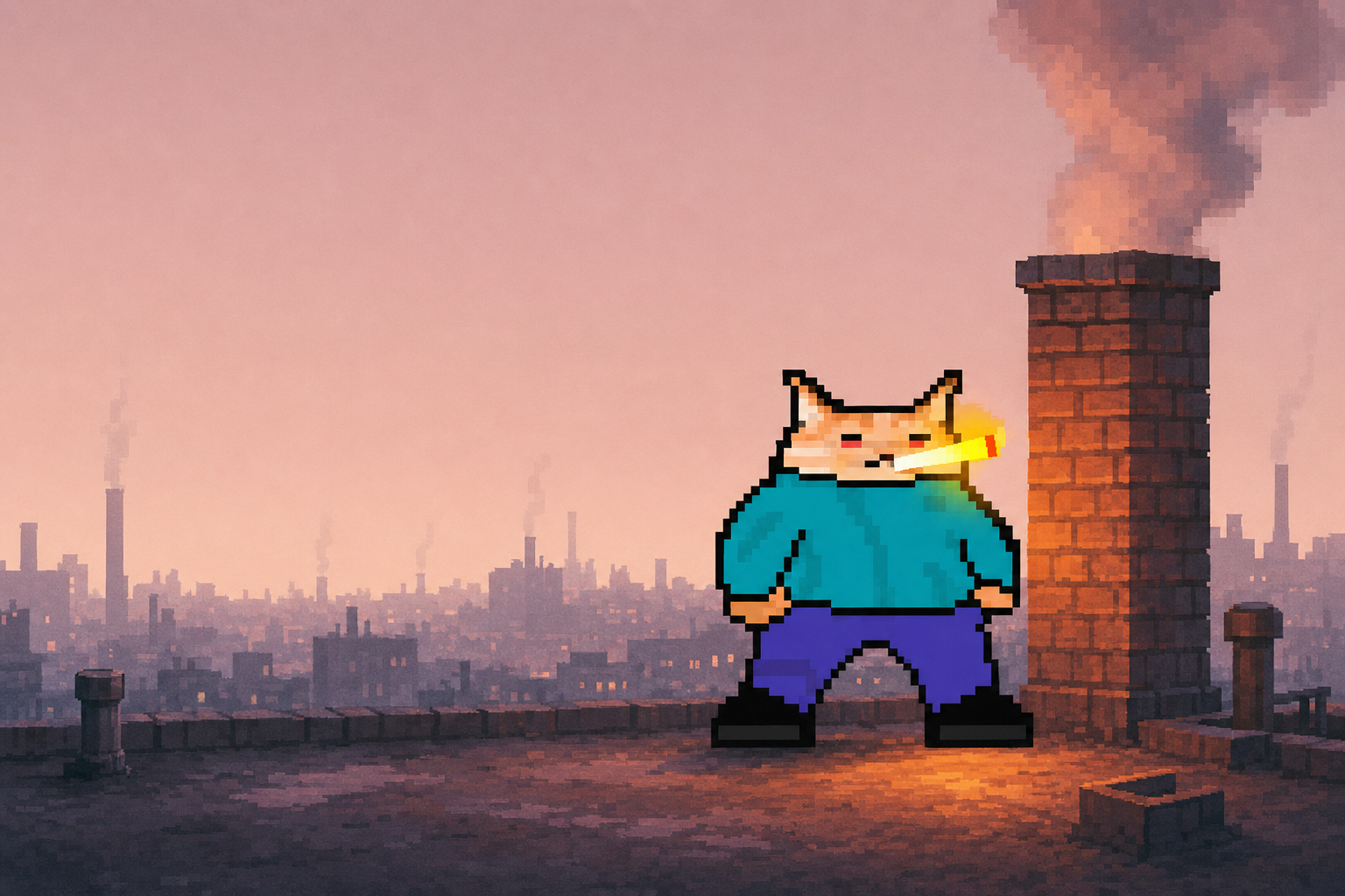 Smog Cat standing on the east roofs beside a smoking chimney at dawn